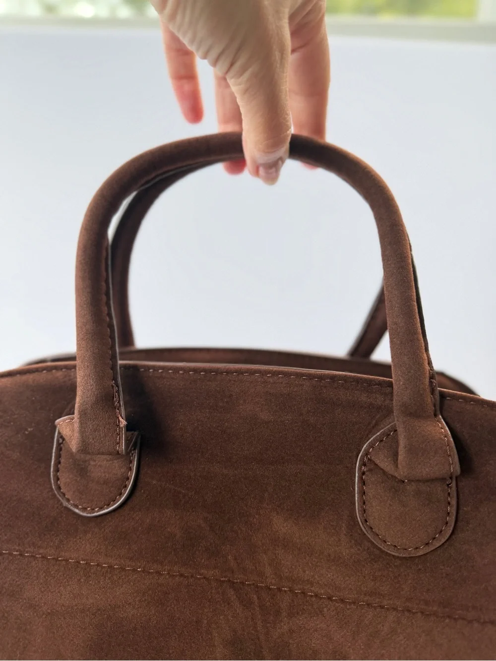 Woman’s Brown Faux-Suede Satchel Top-Handle Bag w/Buckle Accent & Magnet Closure
